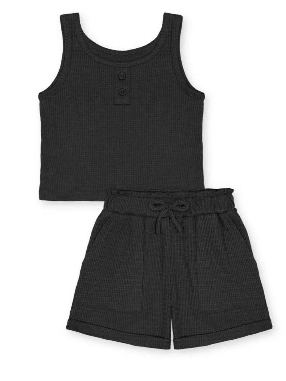 Black Waffle Knit Tank and Drawstring Shorts Set